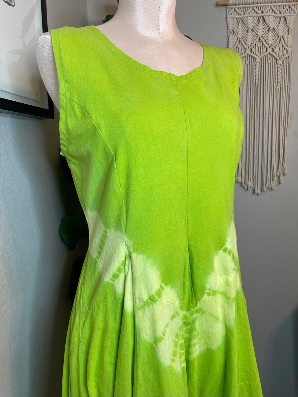 Artsy Boho Lagenlook French Bustle 100% Cotton Midi Dress Lime Green Tie Dye - Picture 6 of 15